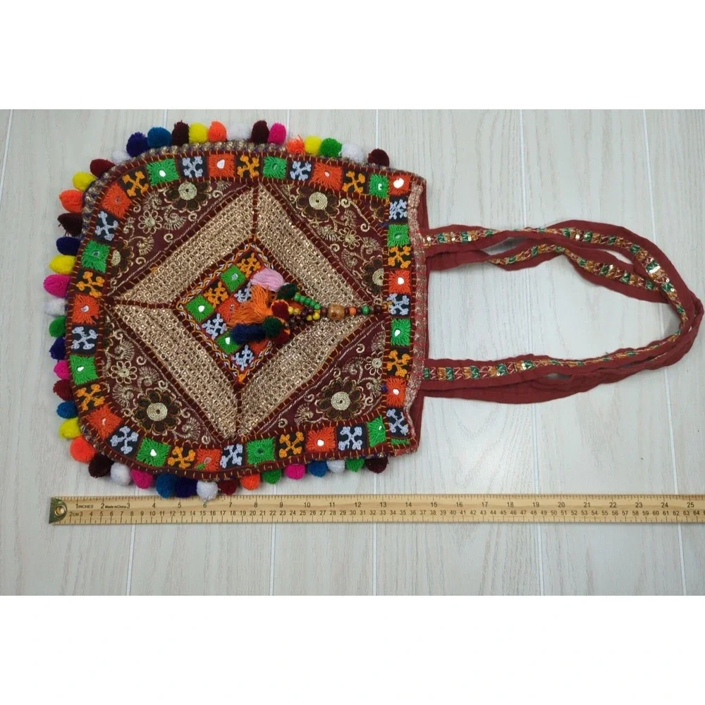 Handcrafted Made India fabric mirrored stitched hobo hippie bag purse pom poms